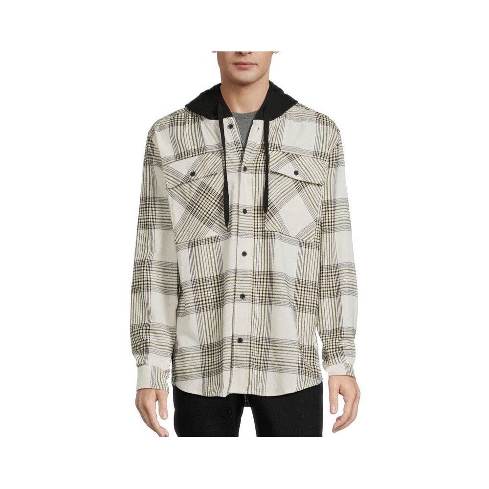 No Boundaries Men's Oversized Fit Flannel Hooded Shirt Plaid Shacket XL